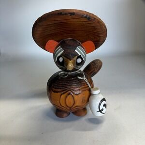 Vintage Japanese Tanuki Kokeshi Doll Hand-Carved with Cryptomeria Wood Folk Art